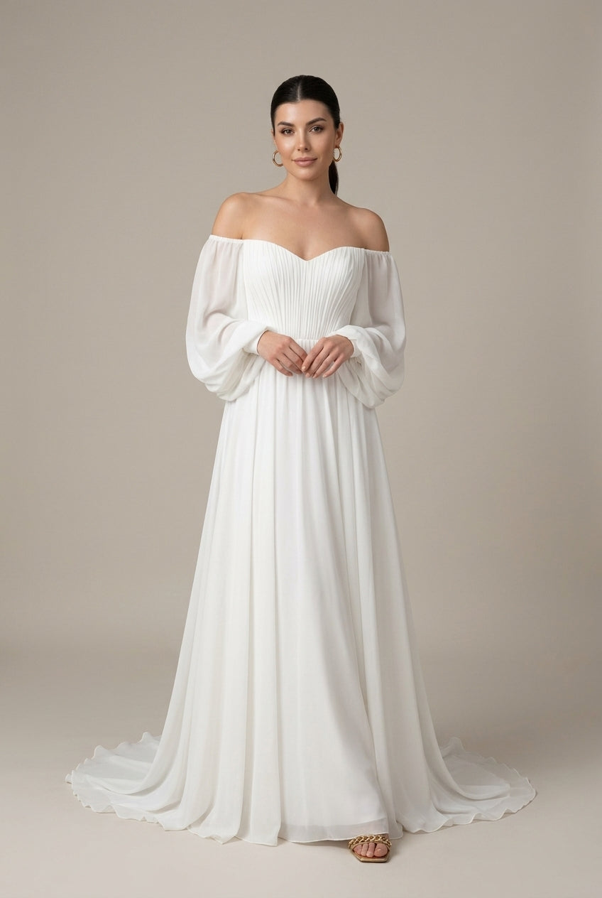 Robe Maxi Épaules Dénudées Femme en Mousseline – Plissée à Manches Bouffantes