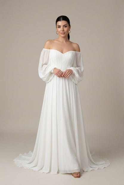 Robe Maxi Épaules Dénudées Femme en Mousseline – Plissée à Manches Bouffantes
