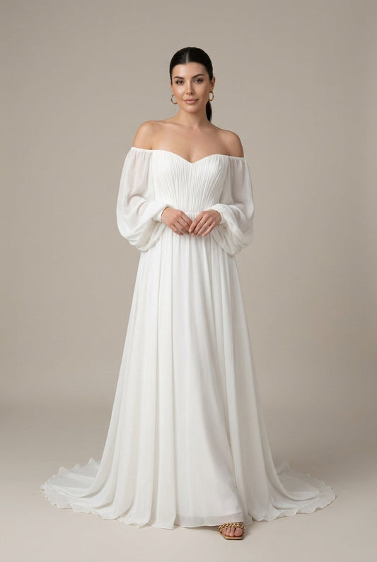 Abito maxi da donna in chiffon con spalle scoperte – Plissettato con maniche a sbuffo
