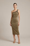 Robe Bodycon Femme à Épaule Asymétrique – Paillettes et Fil Métallisé