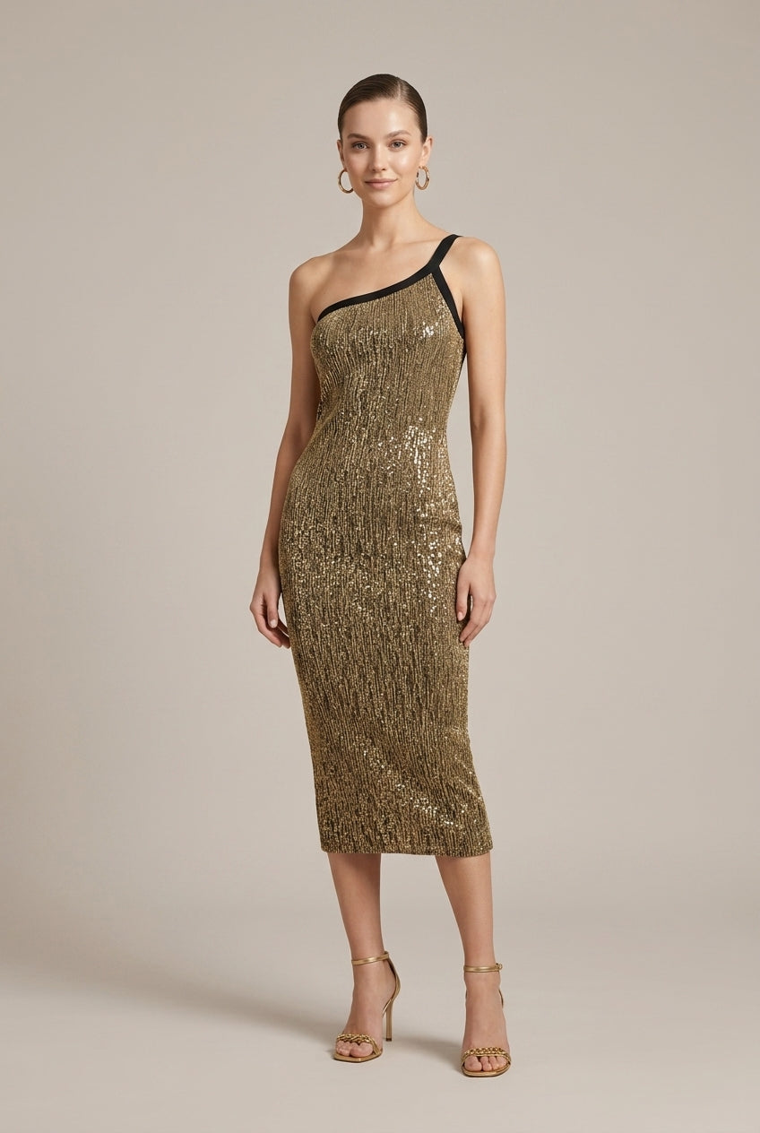 Robe Bodycon Femme à Épaule Asymétrique – Paillettes et Fil Métallisé