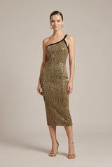 Robe Bodycon Femme à Épaule Asymétrique – Paillettes et Fil Métallisé