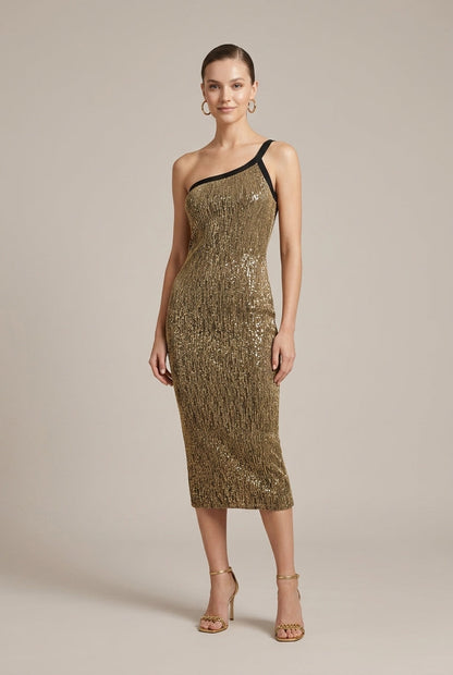 Robe Bodycon Femme à Épaule Asymétrique – Paillettes et Fil Métallisé