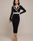 Robe Femme Blazer Bodycon Midi – Passepoil Contrasté et Col Tailleur