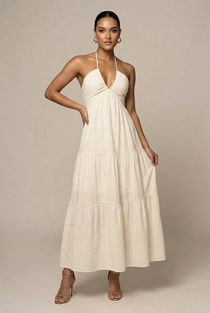 Robe Maxi Femme à Col Halter – Volants à Étages Dos Ouvert
