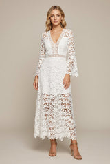 Robe Maxi Femme en Dentelle Guipure – Col V Manches Longues