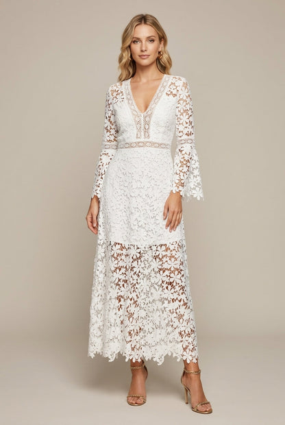 Robe Maxi Femme en Dentelle Guipure – Col V Manches Longues