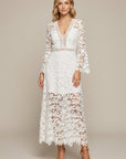 Robe Maxi Femme en Dentelle Guipure – Col V Manches Longues