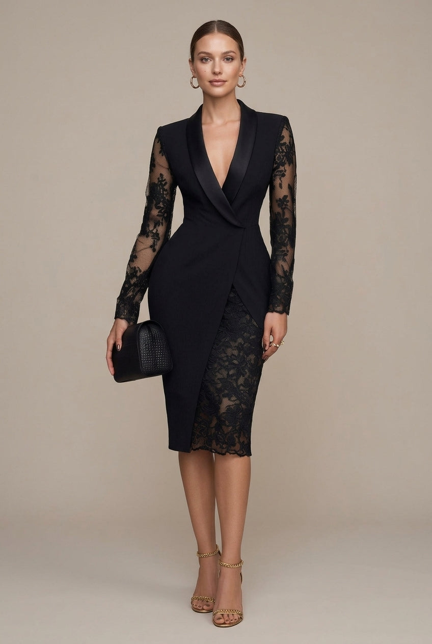 Robe Midi Femme Style Blazer – Col Châle & Manches en Dentelle