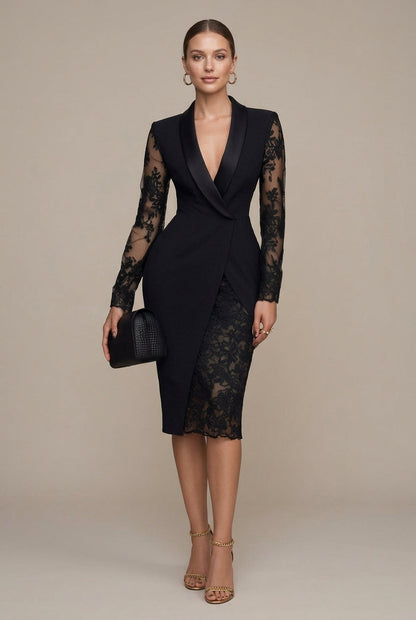 Robe Midi Femme Style Blazer – Col Châle & Manches en Dentelle
