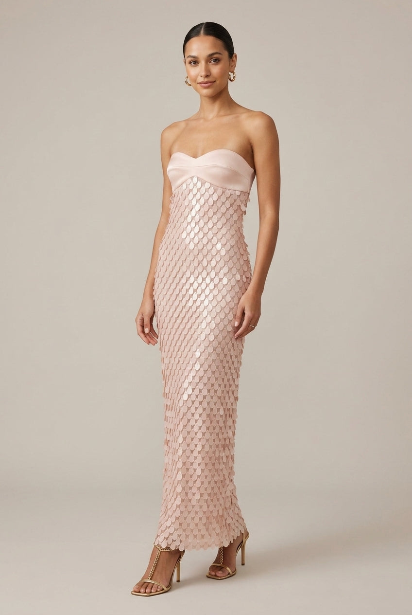 Robe Longue Femme à Sequins – Bustier Cœur Sans Bretelles