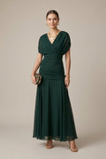 Robe Longue Femme Col V – Portefeuille à Manches Courtes et Détails Voilés