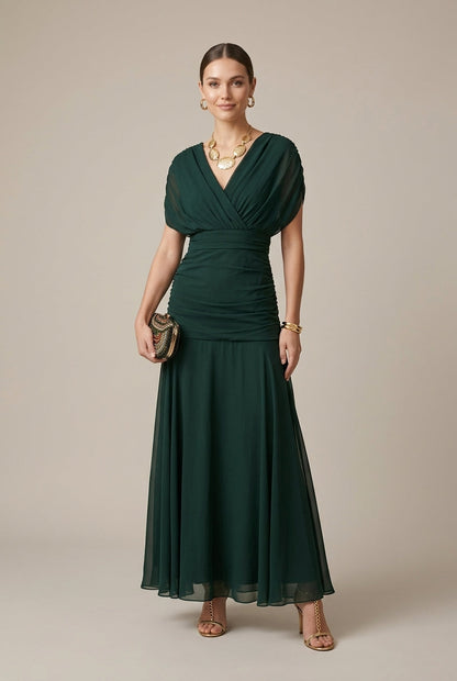 Robe Longue Femme Col V – Portefeuille à Manches Courtes et Détails Voilés