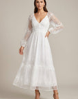 Robe Longue Femme en Dentelle Brodée – Col V et Jupe à Volants