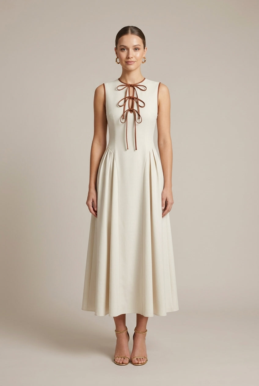 Robe Maxi Structurée Femme – Coupe Évasée Col Nœud Détail Nœuds
