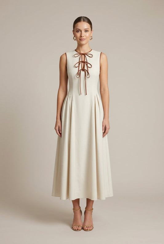 Robe Maxi Structurée Femme – Coupe Évasée Col Nœud Détail Nœuds