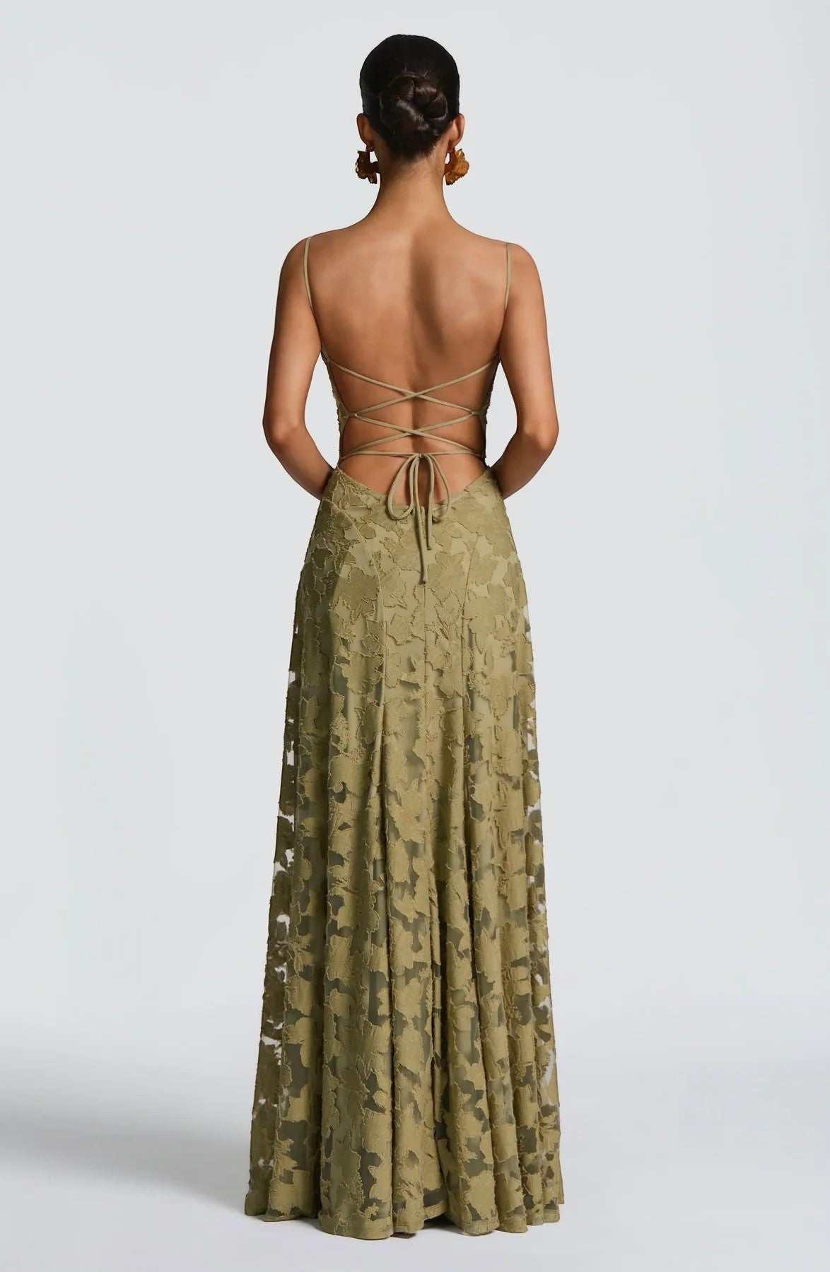 Robe Maxi Femme Dos Nu à Lacets – Corsage Ajusté | Dentelle Texturée