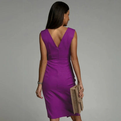 Robe midi sans manches femme en tissu tissé – Coupe ajustée col en V