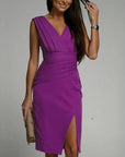 Robe midi sans manches femme en tissu tissé – Coupe ajustée col en V