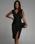 Robe midi sans manches femme en tissu tissé – Coupe ajustée col en V