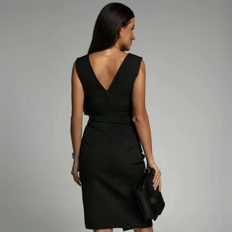 Robe midi sans manches femme en tissu tissé – Coupe ajustée col en V