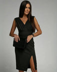 Robe midi sans manches femme en tissu tissé – Coupe ajustée col en V