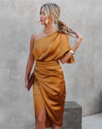 Robe de Soirée Femme Asymétrique à Une Épaule – Coupe Slim Midi Fendue | Mélange de Coton