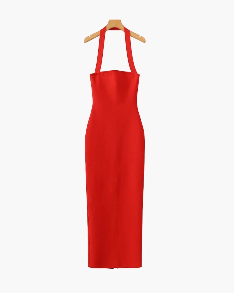 Robe Maxi Femme Col Halter en Maille Extensible – Coupe Bodycon Élégante