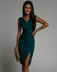 Robe midi sans manches femme en tissu tissé – Coupe ajustée col en V