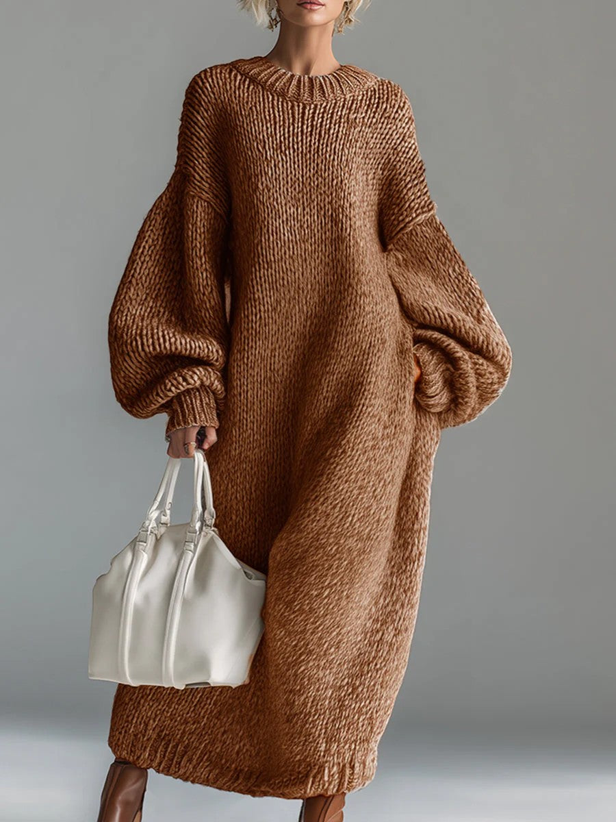 Robe Pull Femme Col Rond – Coupe Ample Manches Lanternes | Maille Mélange de Laine