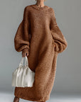Robe Pull Femme Col Rond – Coupe Ample Manches Lanternes | Maille Mélange de Laine