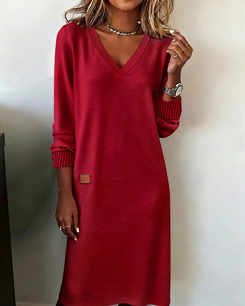 Robe Midi Femme Col V Manches Longues – Coupe Droite Décontractée | Maille Douce