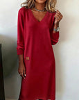 Robe Midi Femme Col V Manches Longues – Coupe Droite Décontractée | Maille Douce