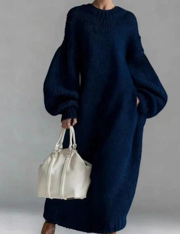 Robe Pull Femme Col Rond – Coupe Ample Manches Lanternes | Maille Mélange de Laine