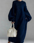 Robe Pull Femme Col Rond – Coupe Ample Manches Lanternes | Maille Mélange de Laine