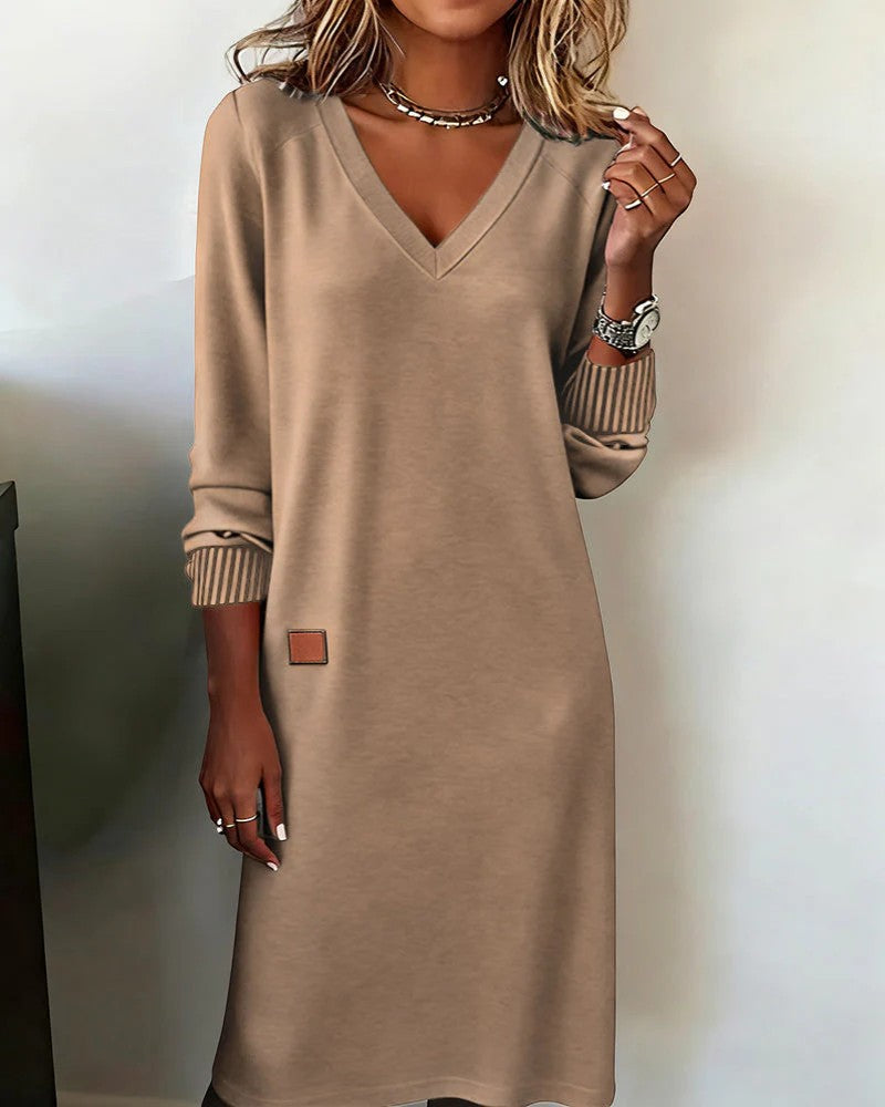 Robe Midi Femme Col V Manches Longues – Coupe Droite Décontractée | Maille Douce