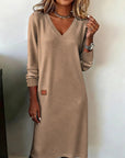 Robe Midi Femme Col V Manches Longues – Coupe Droite Décontractée | Maille Douce