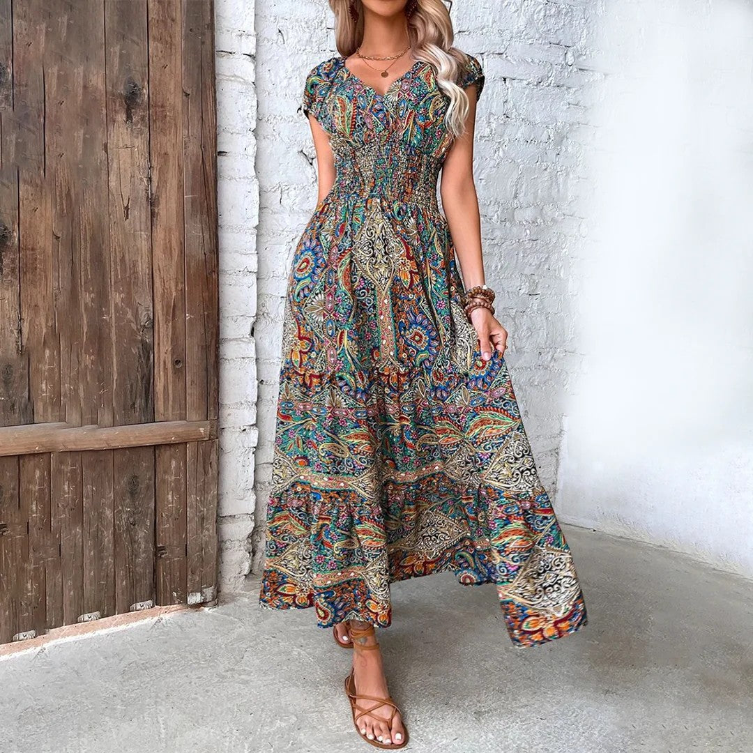 Robe Maxi Bohème Col V Femme – Coupe Décontractée Jupe Fluide | Tissu Tissé Léger