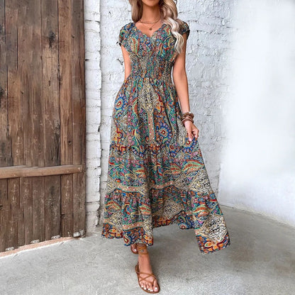 Robe Maxi Bohème Col V Femme – Coupe Décontractée Jupe Fluide | Tissu Tissé Léger