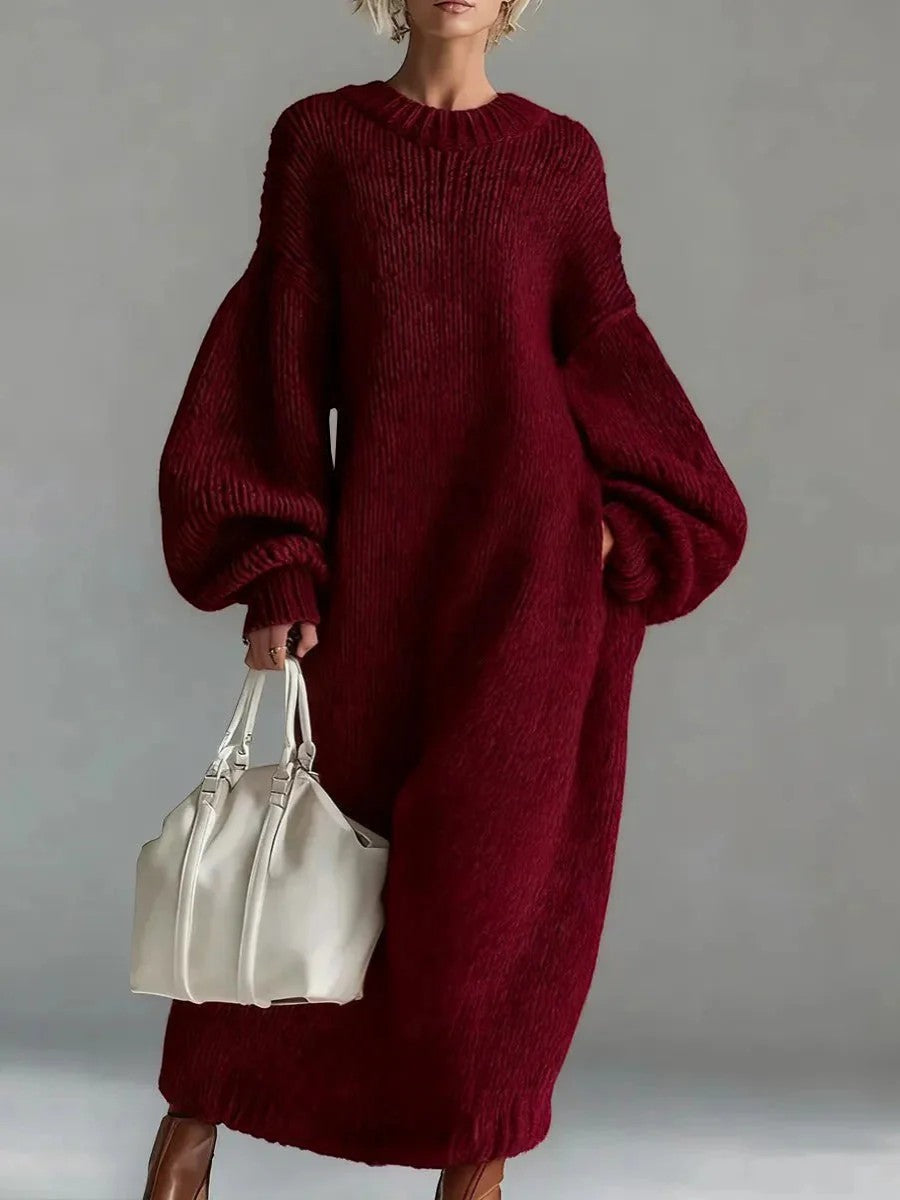 Robe Pull Femme Col Rond – Coupe Ample Manches Lanternes | Maille Mélange de Laine