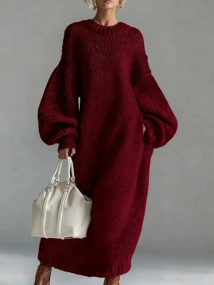 Robe Pull Femme Col Rond – Coupe Ample Manches Lanternes | Maille Mélange de Laine