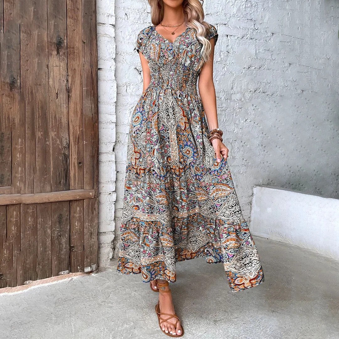 Robe Maxi Bohème Col V Femme – Coupe Décontractée Jupe Fluide | Tissu Tissé Léger