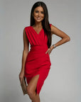 Robe midi sans manches femme en tissu tissé – Coupe ajustée col en V