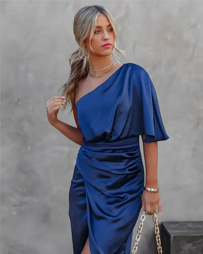 Robe de Soirée Femme Asymétrique à Une Épaule – Coupe Slim Midi Fendue | Mélange de Coton