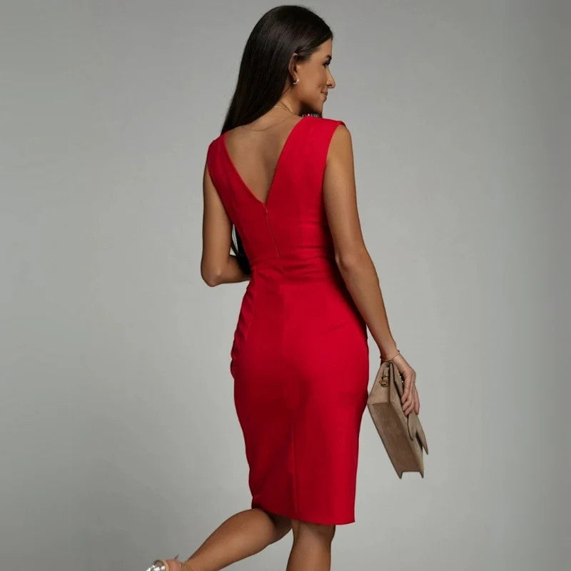 Robe midi sans manches femme en tissu tissé – Coupe ajustée col en V