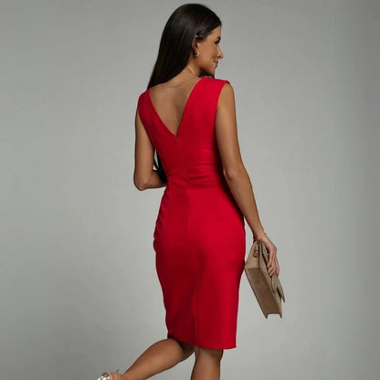 Robe midi sans manches femme en tissu tissé – Coupe ajustée col en V