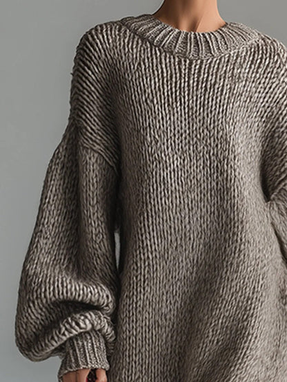 Robe Pull Femme Col Rond – Coupe Ample Manches Lanternes | Maille Mélange de Laine