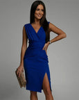Robe midi sans manches femme en tissu tissé – Coupe ajustée col en V