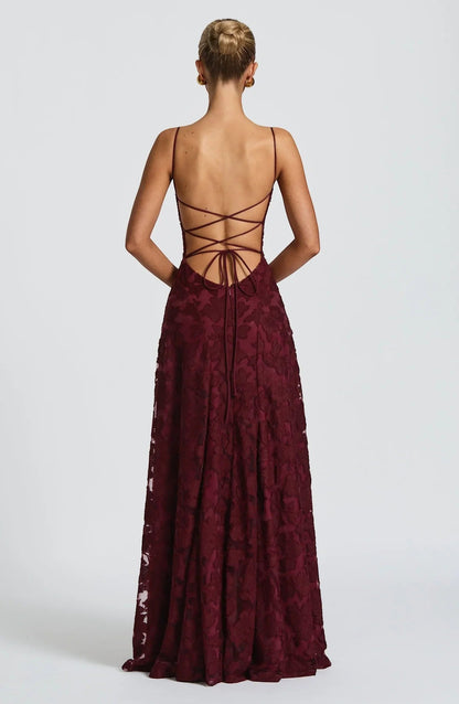 Robe Maxi Femme Dos Nu à Lacets – Corsage Ajusté | Dentelle Texturée