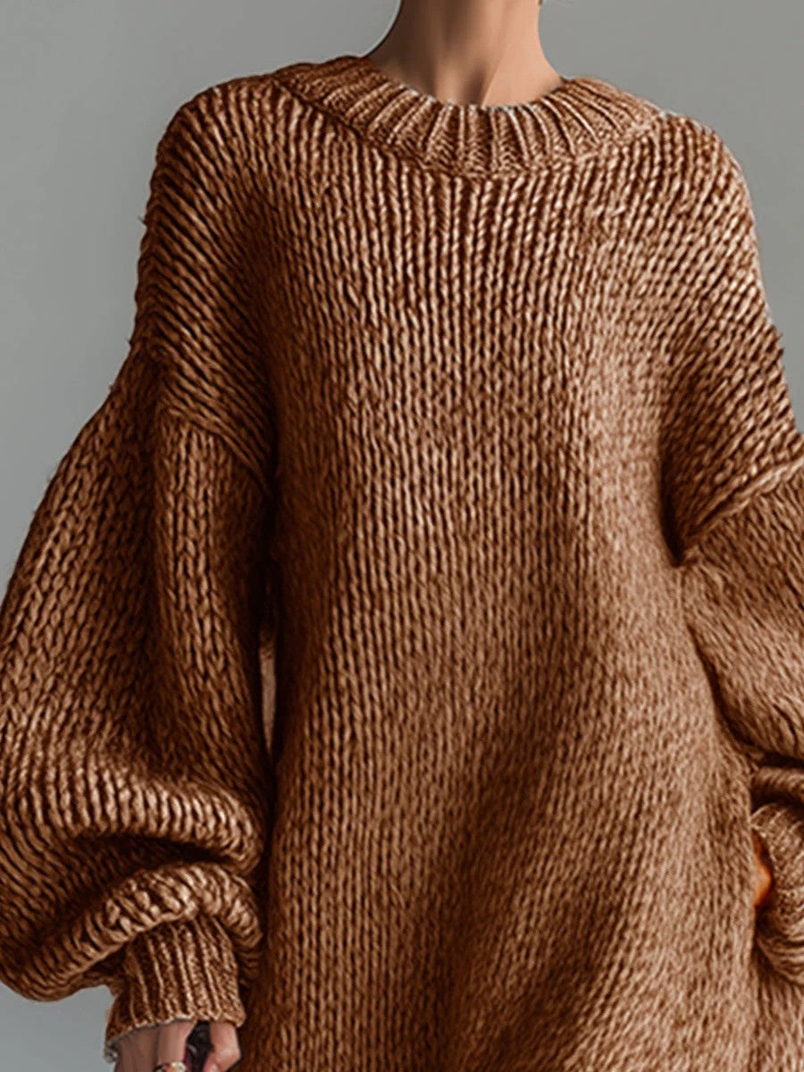 Robe Pull Femme Col Rond – Coupe Ample Manches Lanternes | Maille Mélange de Laine